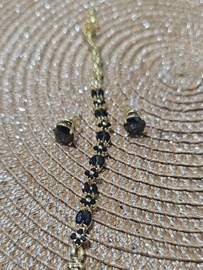 Gold Plated Black Stone Bracelet and Stud Earring Set